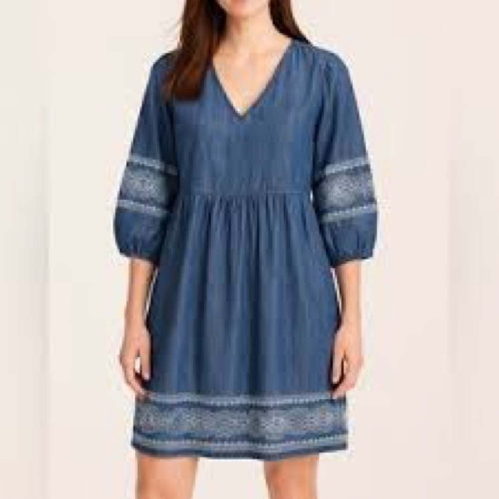 J. Jill Denim Embroidered Indigo Peasant Dress Women's Sz Medium Petite